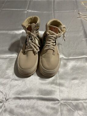 Casual Cream Combat Moto Boots with Patterned Side Panels